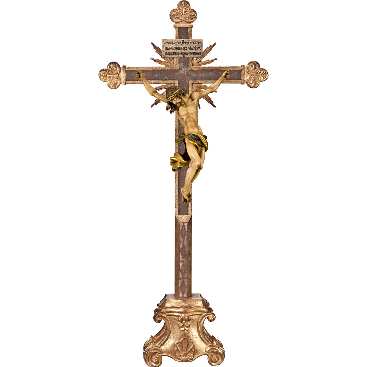 Corpus Barock auf Standkreuz barock mit Strahlen Titulus Crucis in hebräisch - latein - griechisch