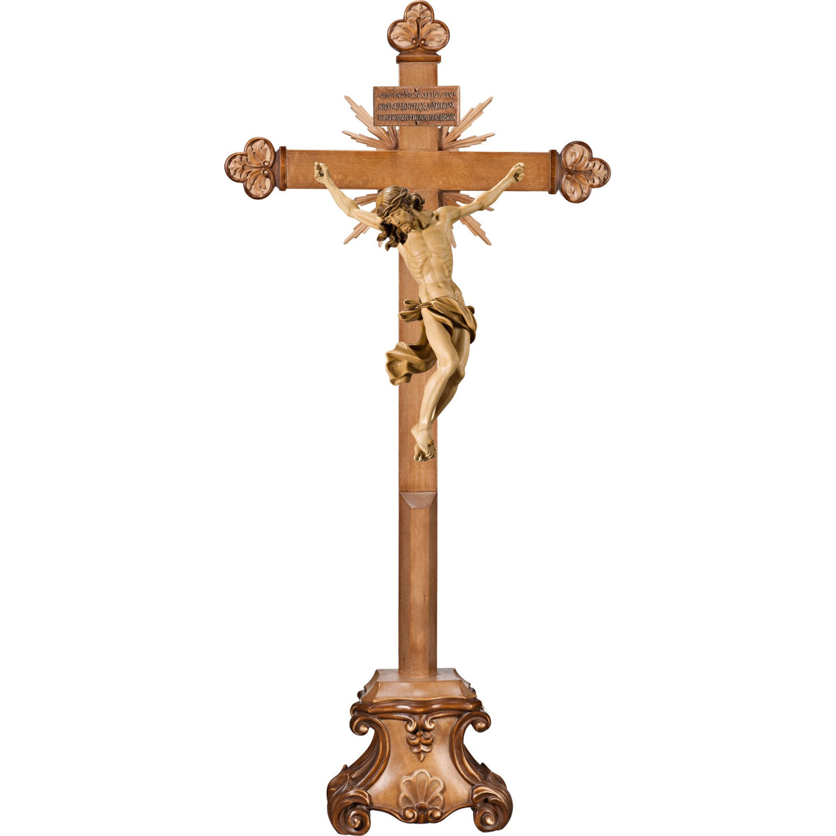 Corpus Baroque on cross baroque with rays on pedestal and Titulus Crucis in hebrew - latin - greek