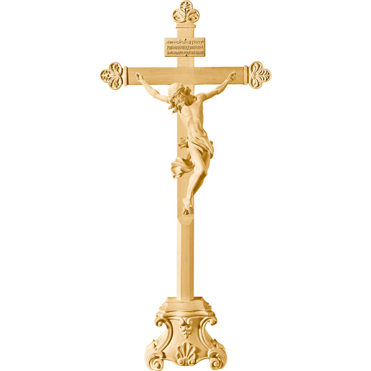 Corpus Barock auf Standkreuz barock mit Titulus Crucis in hebräisch - latein - griechisch