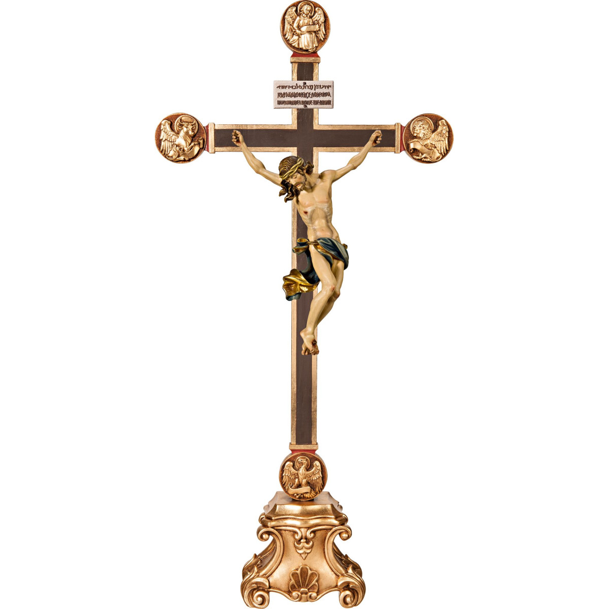 Corpus Baroque on pedestal with Evangelists and Titulus Crucis in hebrew - latin - greek