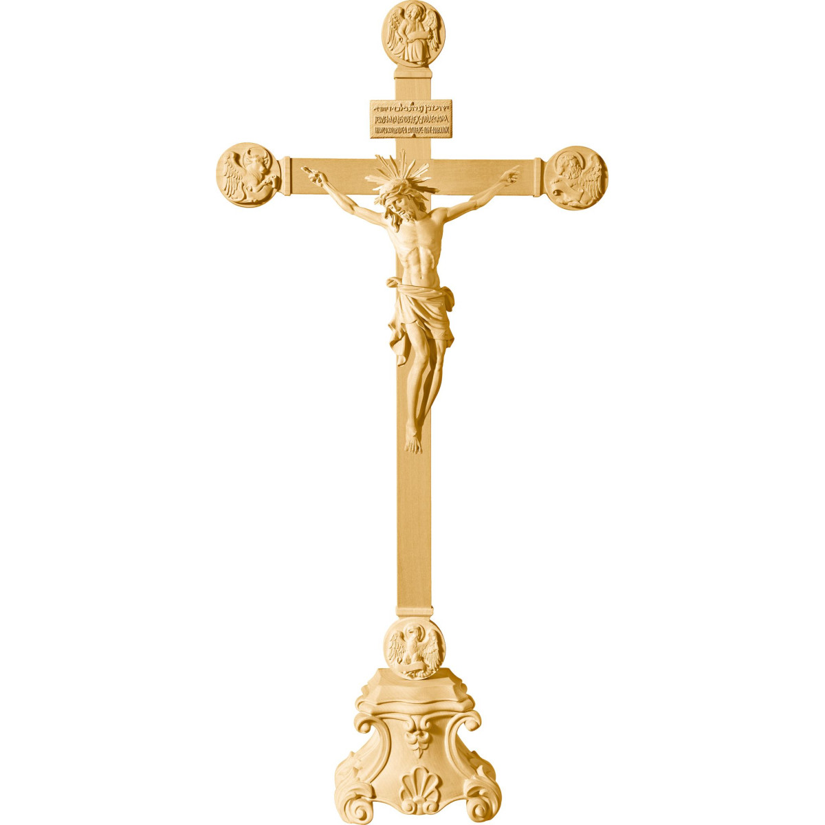 Corpus Pisa auf Standkreuz mit Evangelisten und Titulus Crucis in hebräisch - latein - griechisch