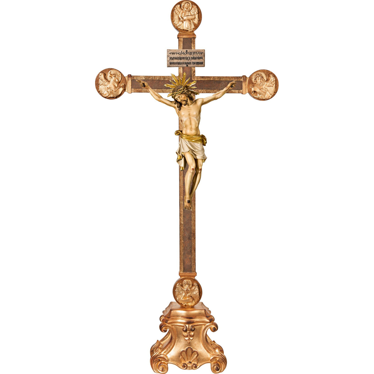 Corpus Pisa on pedestal with Evangelists and Titulus Crucis in hebrew - latin - greek