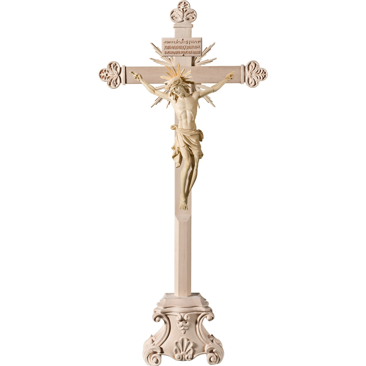 Corpus Pisa auf Standkreuz barock mit Strahlen Titulus Crucis in hebräisch - latein - griechisch