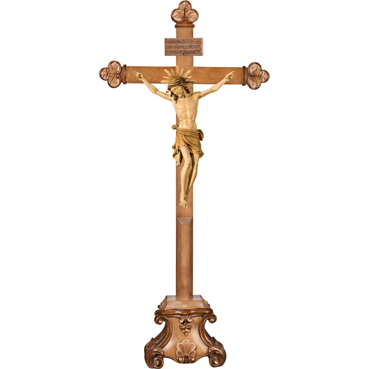 Corpus Pisa on cross baroque on pedestal with Titulus Crucis in hebrew - latin - greek