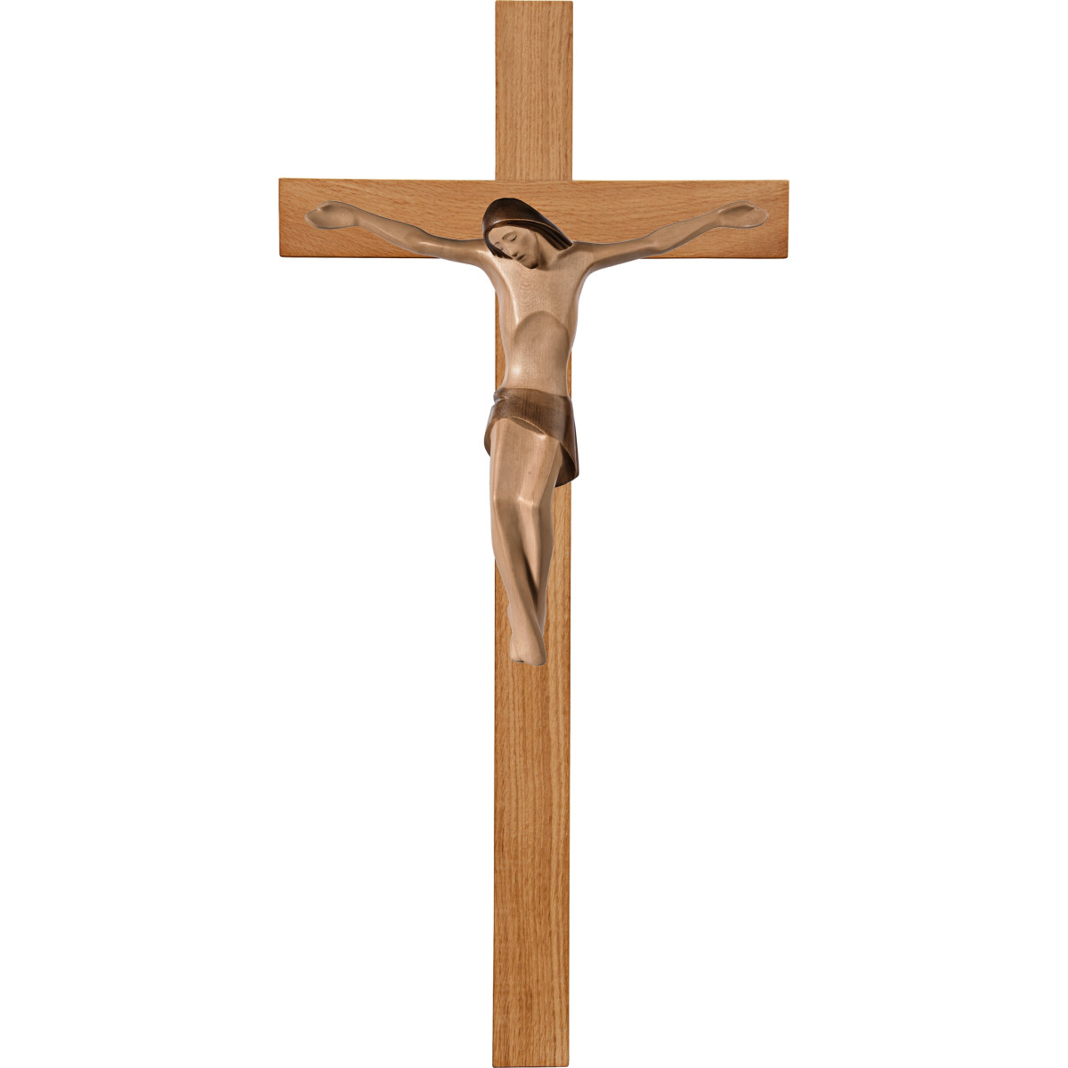Cristo moderno ROMA em cruz de carvalho simples larga