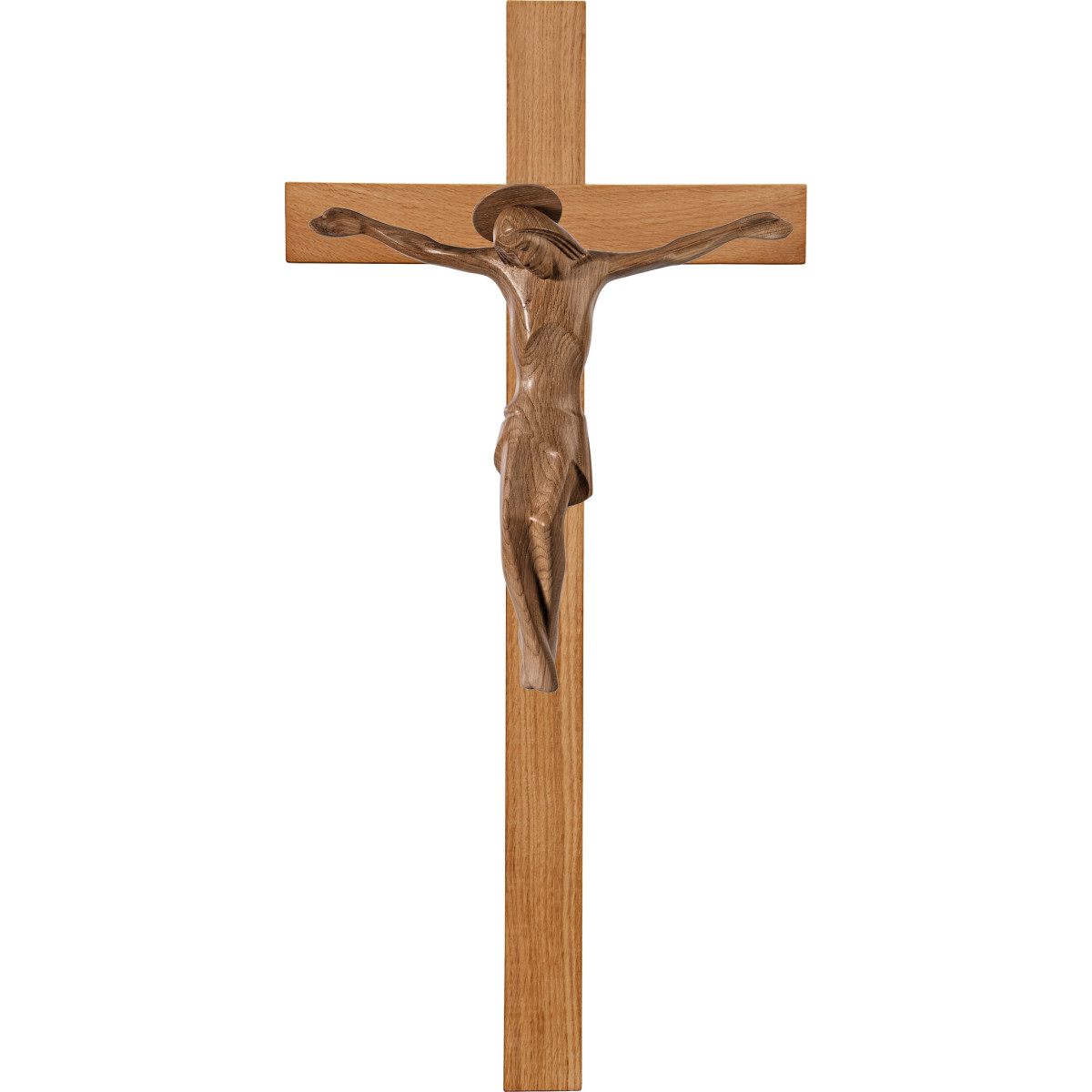 Christ modern ROMA with aureole on oak cross simple wide