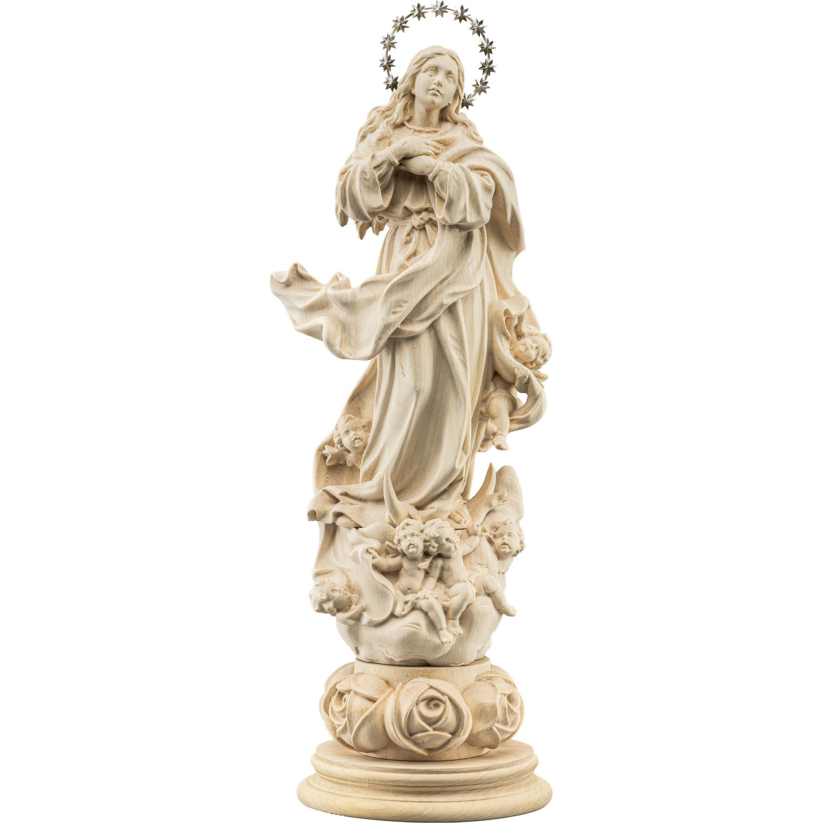 Nossa Senhora da Conceição com estrelário de prata sobre base com rosas