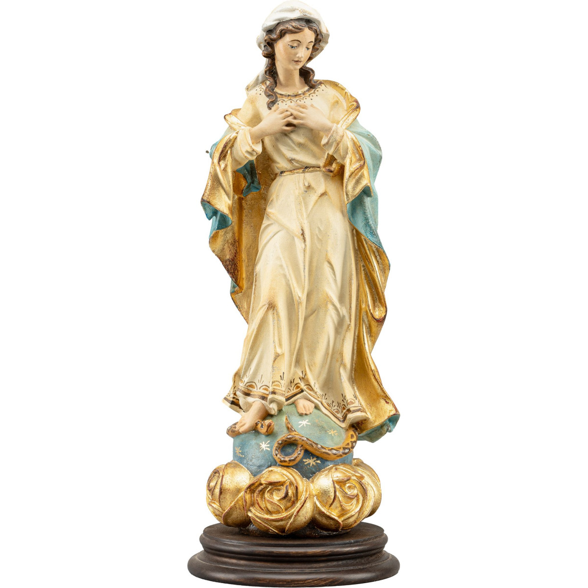 Madonna Immacolata barocca su base con rose