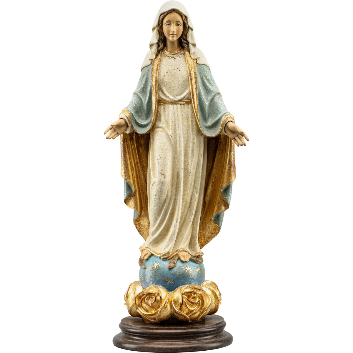 Virgen Inmaculada sobre base con rosas
