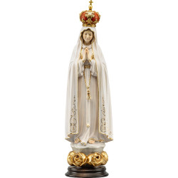Nuestra Señora de Fátima con corona de madera sobre base con rosas