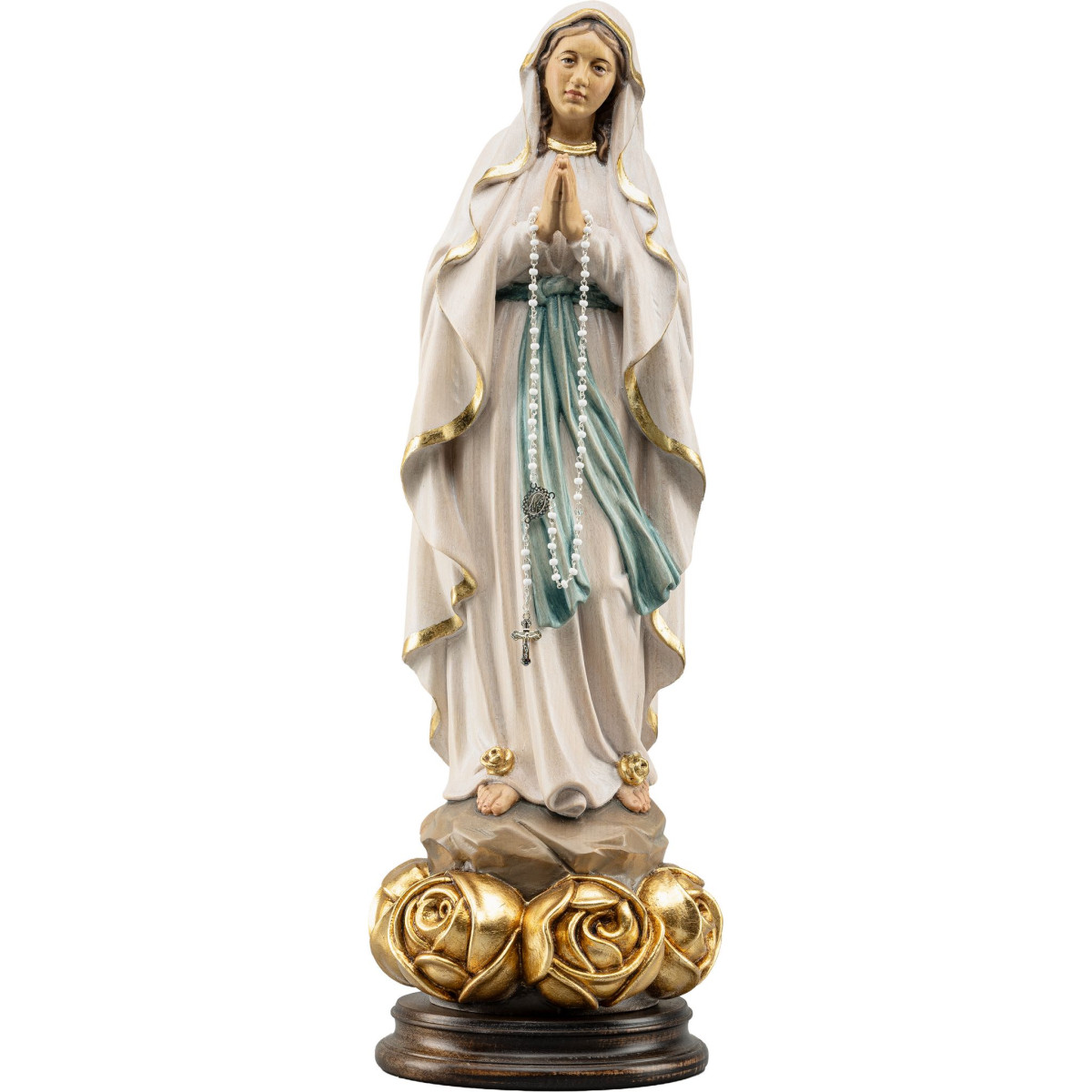 Nuestra Señora de Lourdes sobre base con rosas