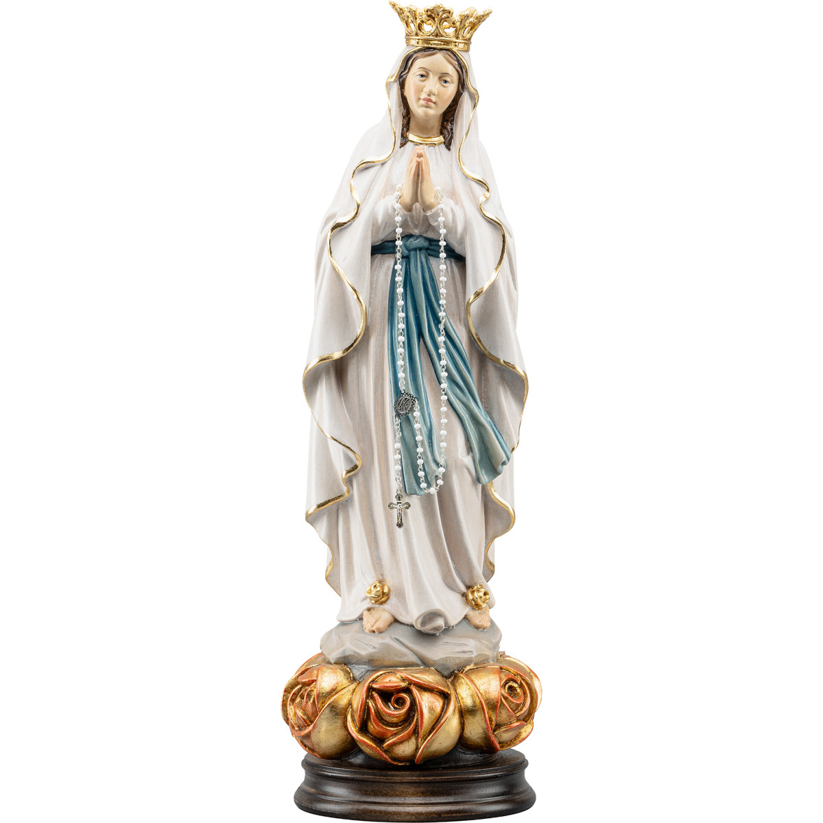 Madonna di Lourdes con corona su base con rose