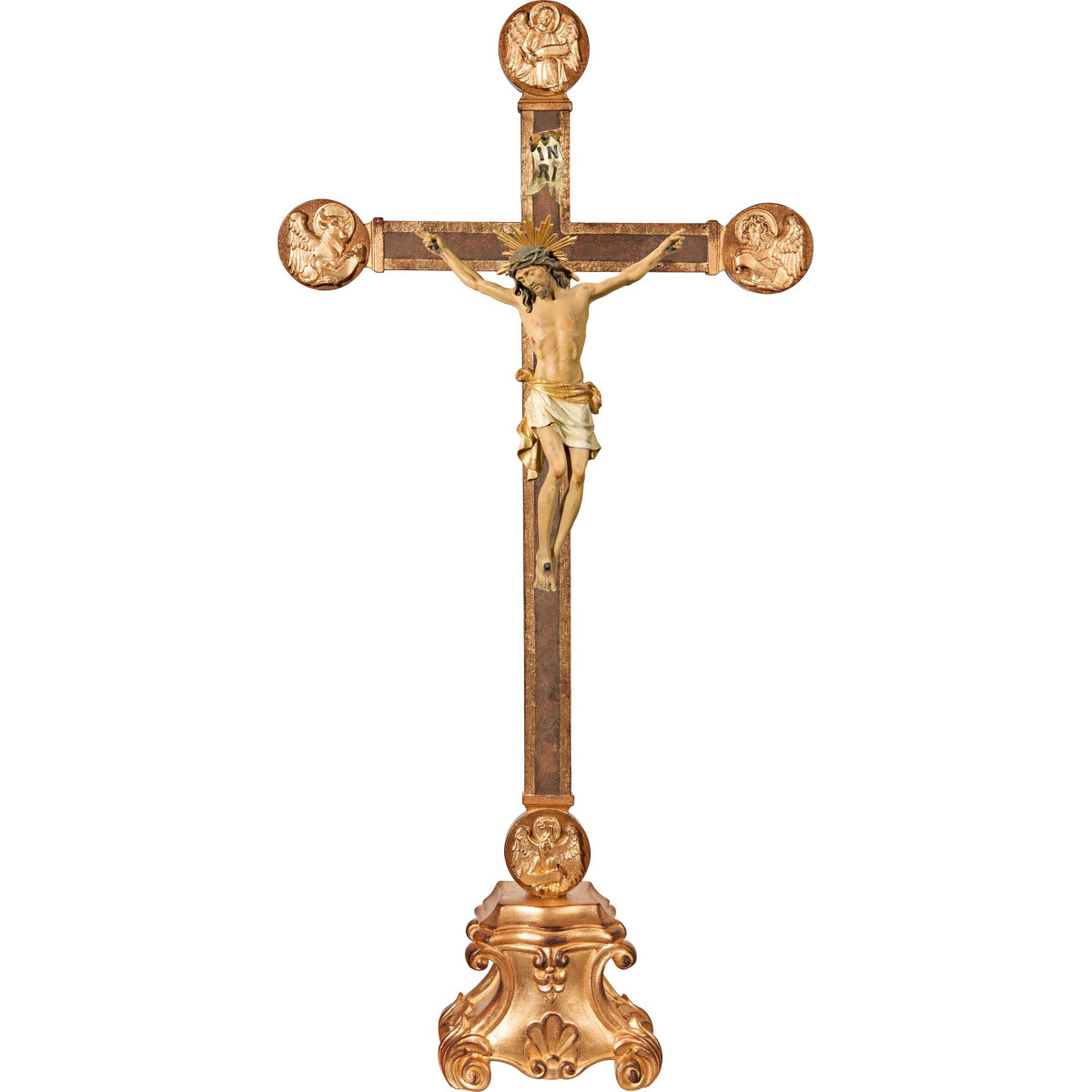 Corpus Pisa auf Standkreuz mit Evangelisten