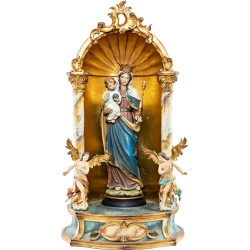Reina de los Cielos en altar doméstico barroco de madera de arce.