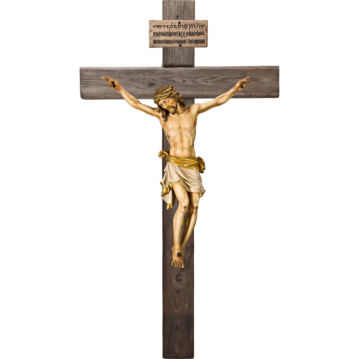 Cristo Pisa en cruz Madera vieja con Titulus Crucis en hebreo - latín - griego