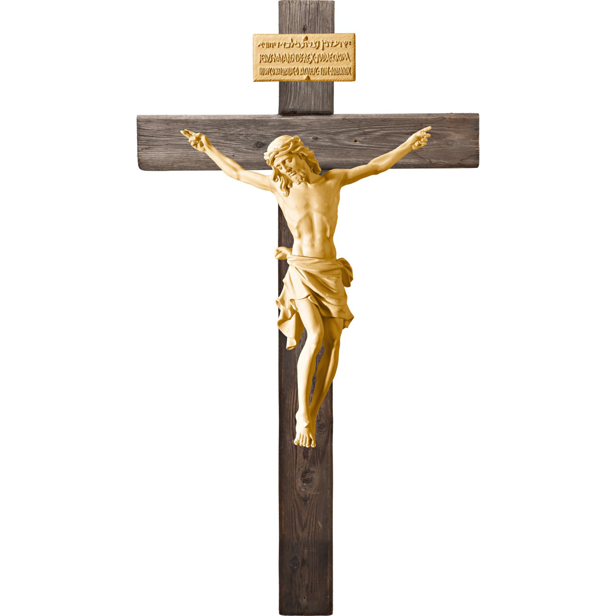 Cristo Pisa em cruz Madeira velha com Titulus Crucis em hebraico - latino - grego