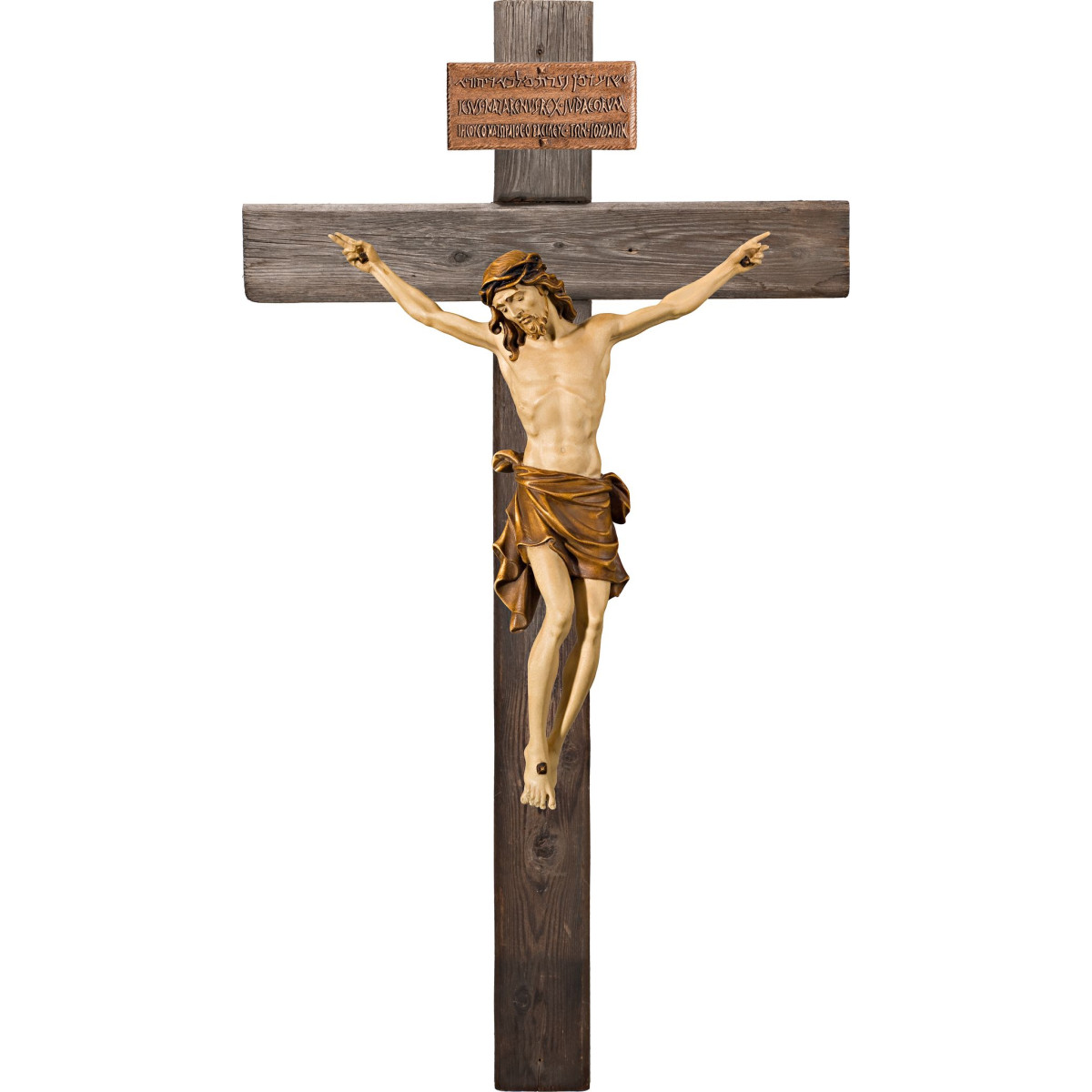 Cristo Pisa su croce Legno vecchio con Titulus Crucis in ebraico - latino - greco