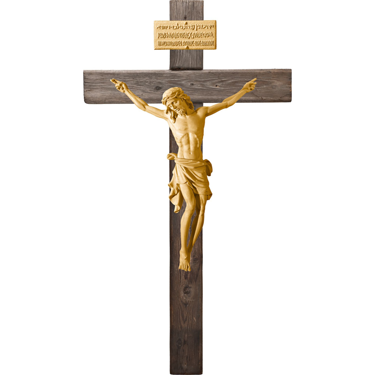 Cristo Pisa em cruz Madeira velha com Titulus Crucis em hebraico - latino - grego