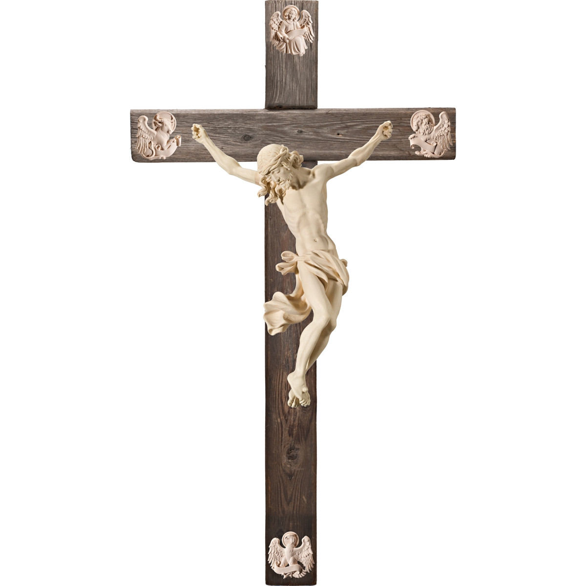 Cristo Barroco em cruz Madeira velha com Evangelistas