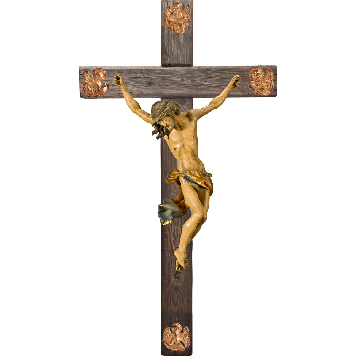Cristo Barroco em cruz Madeira velha com Evangelistas