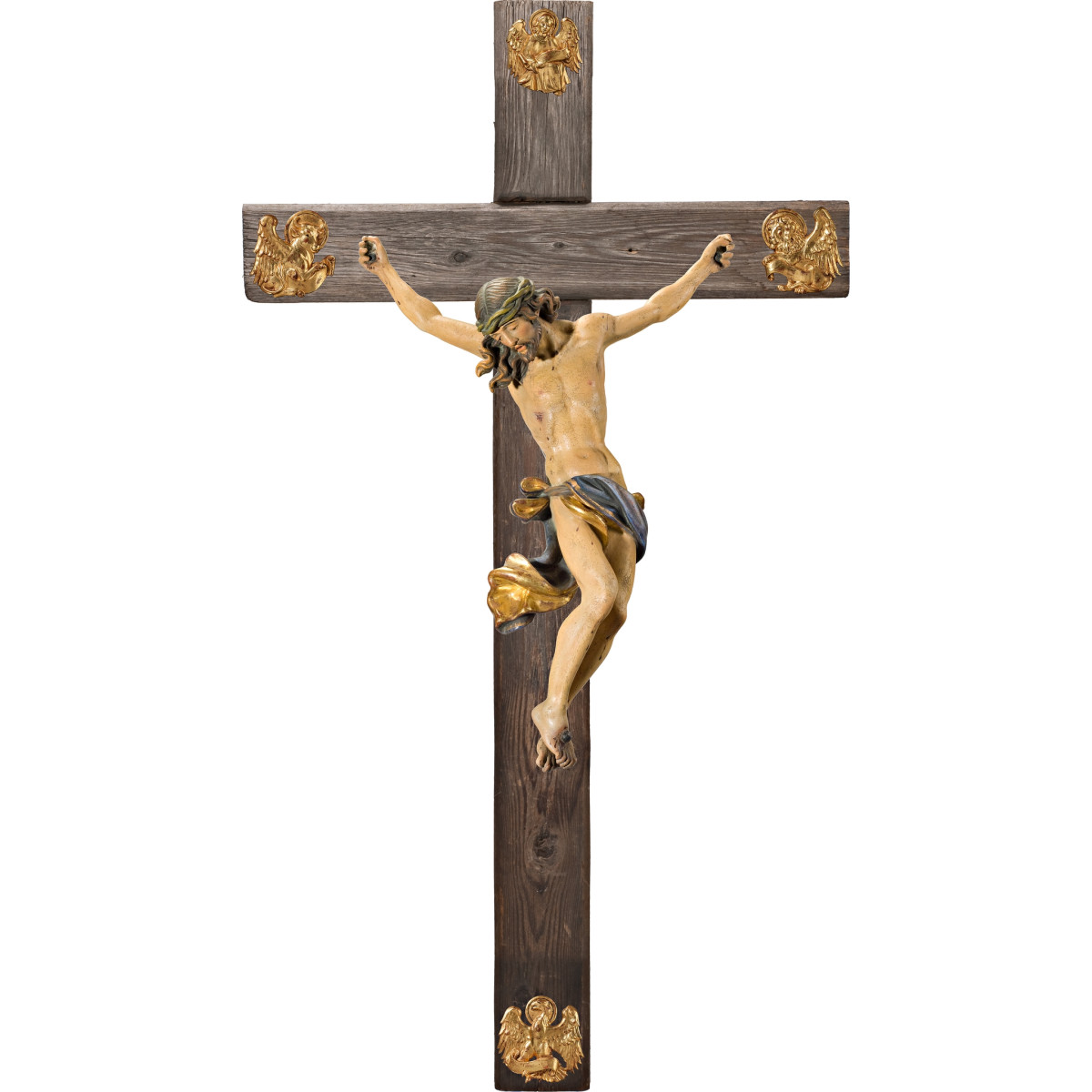 Corpus Baroque on cross Old wood with Evangelists
