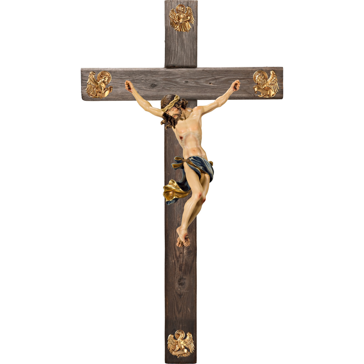 Cristo Barroco en cruz Madera vieja con Evangelistas