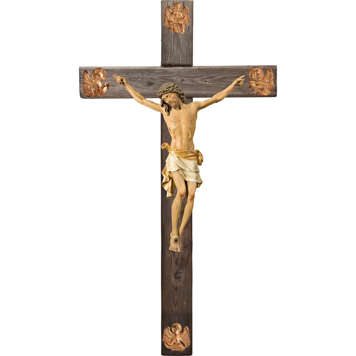 Cristo Pisa em cruz Madeira velha com Evangelistas
