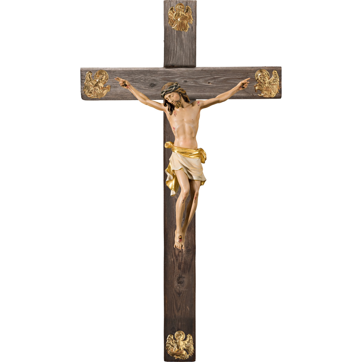 Cristo Pisa em cruz Madeira velha com Evangelistas