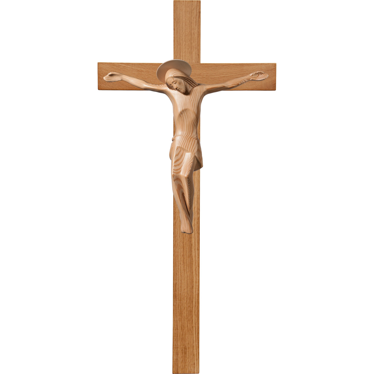 Cristo moderno ROMA con aureola en cruz de roble simple ancha
