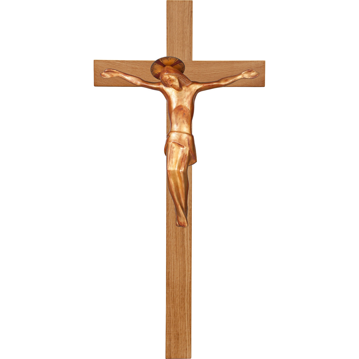Christ modern ROMA with aureole on oak cross simple wide