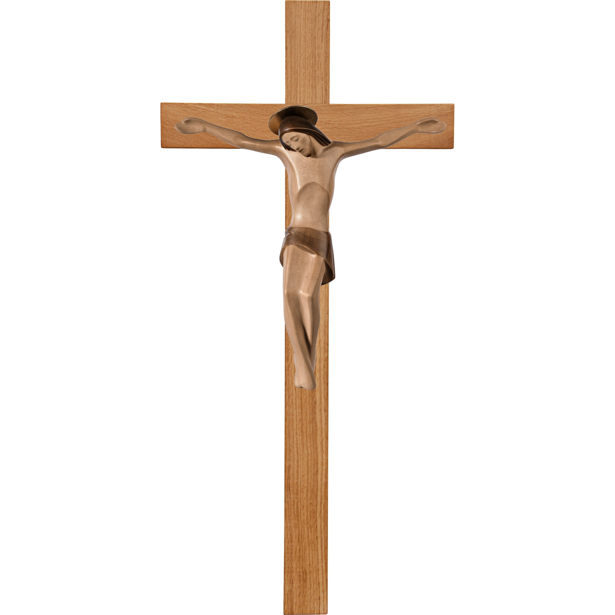 Cristo moderno ROMA con aureola en cruz de roble simple ancha