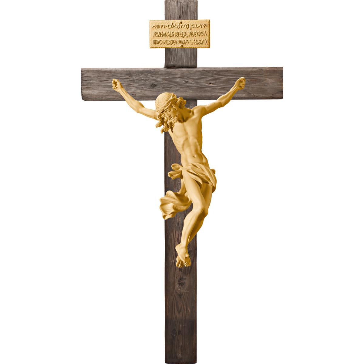 Corpus Baroque on cross Old wood with Titulus Crucis in hebrew - latin - greek