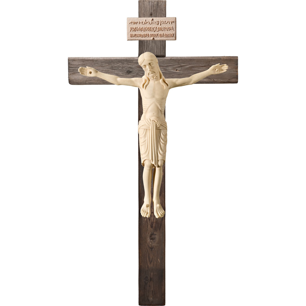 Cristo Romanico su croce Legno vecchio con Titulus Crucis in ebraico - latino - greco