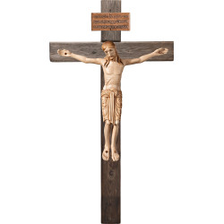 Cristo Románico en cruz Madera vieja con Titulus Crucis en hebreo - latín - griego
