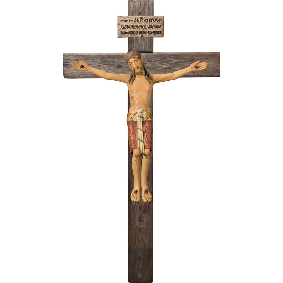 Cristo Románico en cruz Madera vieja con Titulus Crucis en hebreo - latín - griego