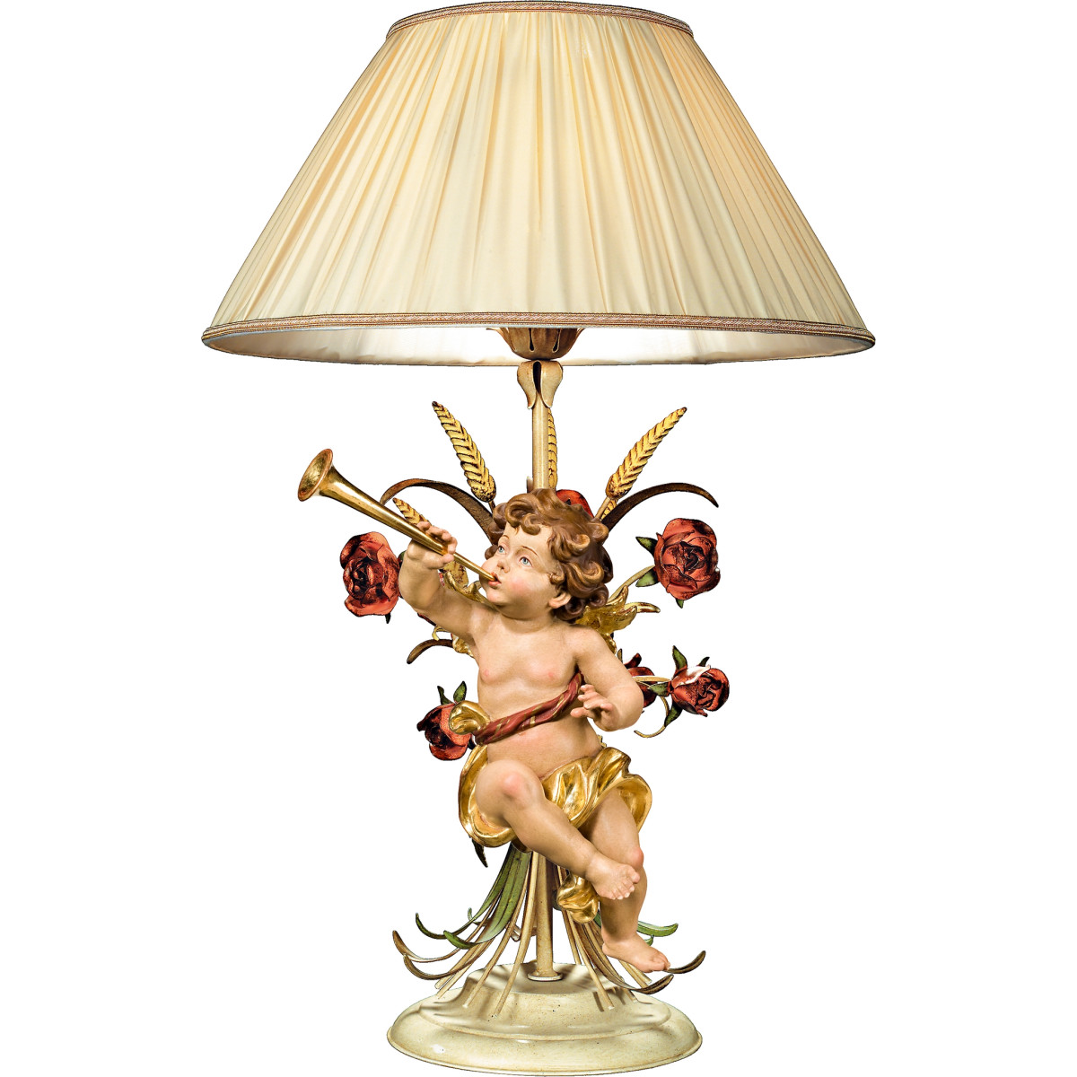 Tischlampe mit Rosen und Berglandputte mit Trompete