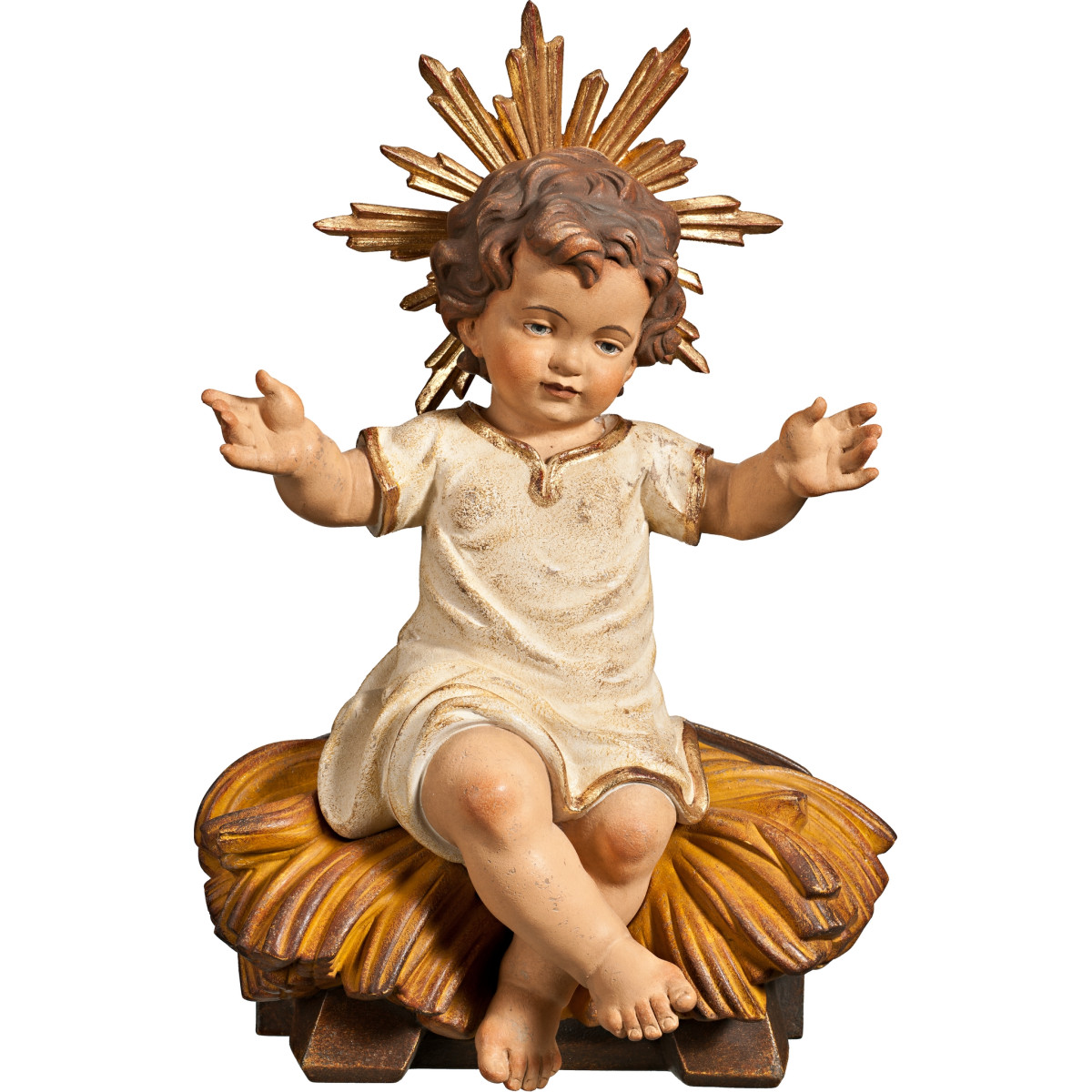 Gesù Bambino vestito seduto su culla