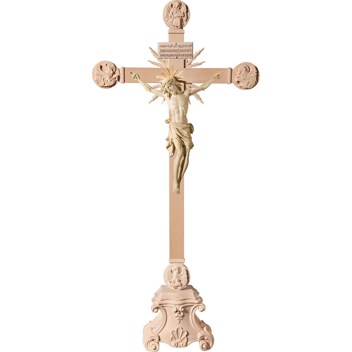 Cristo Barroco en Cruz con Evangelistas y rayos en peana con Titulus Crucis en hebreo - latín - griego