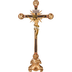 Corpus Baroque on cross with Evangelists and rays on pedestal with Titulus Crucis in hebrew - latin - greek