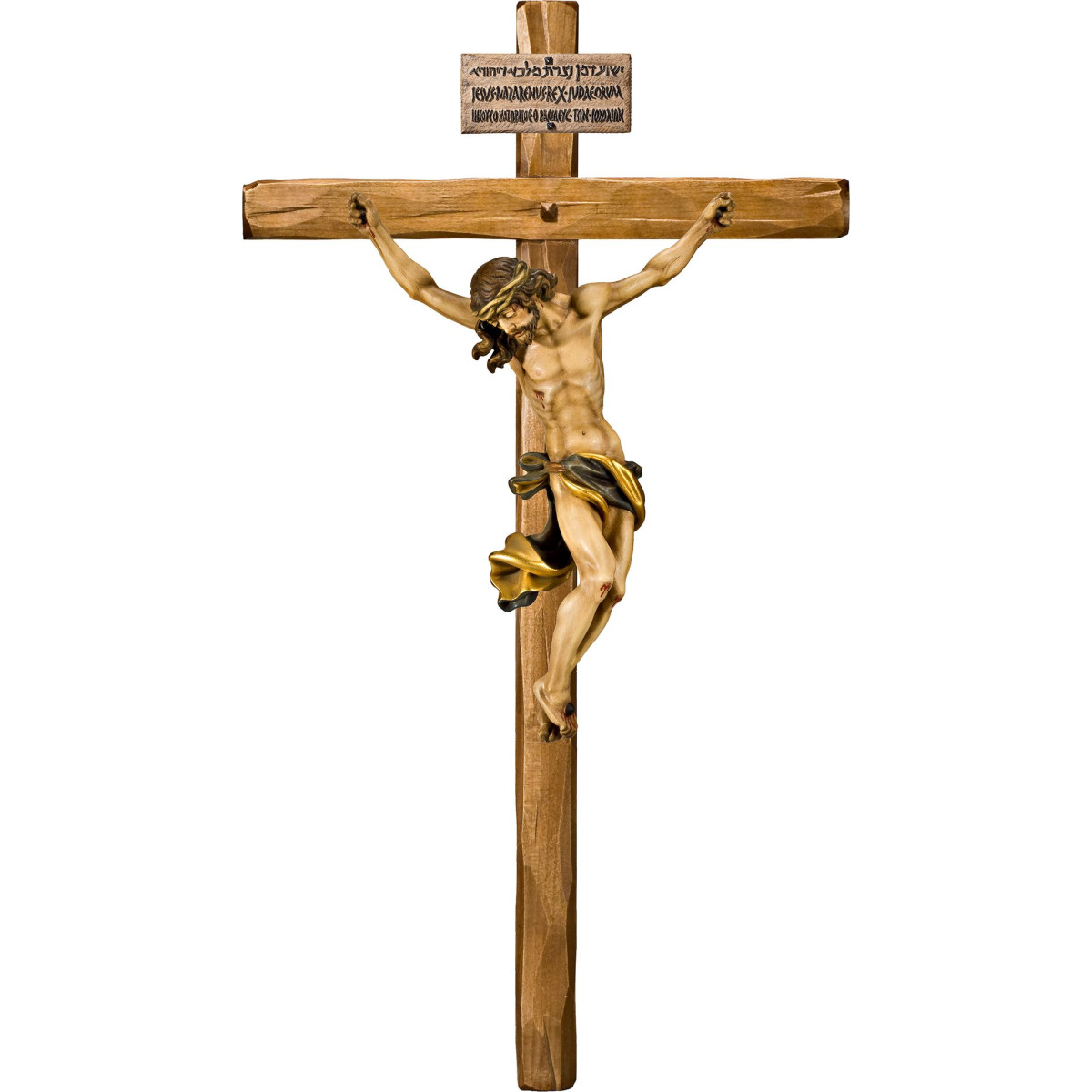 Cristo Barroco en cruz recta con Titulus Crucis en hebreo - latín - griego