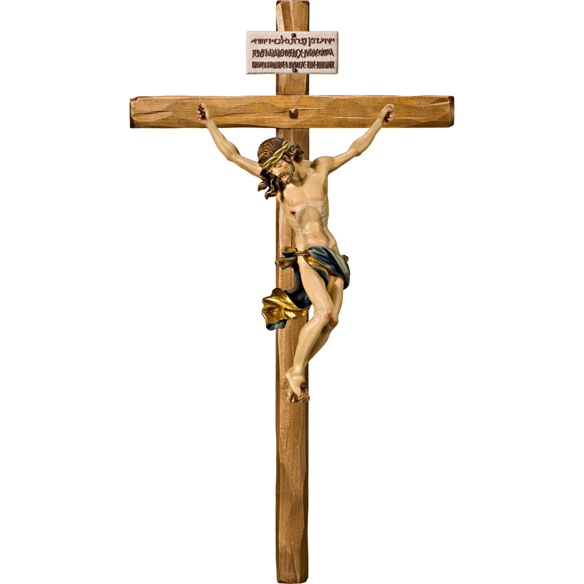 Cristo Barocco su croce dritta con Titulus Crucis in ebraico - latino - greco