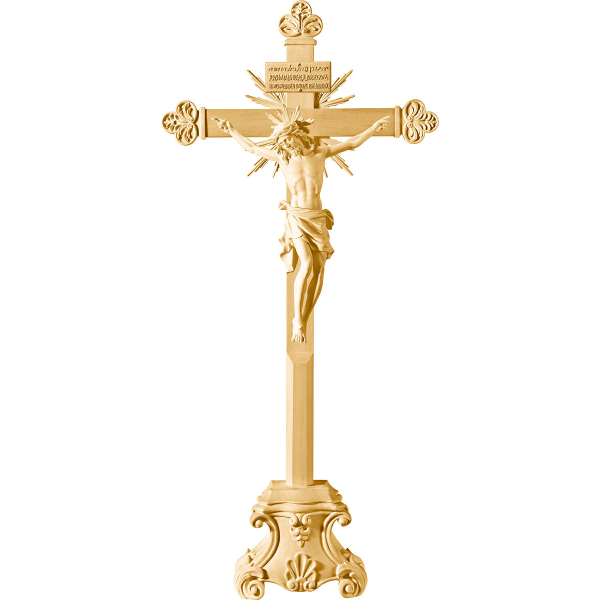 Cristo Pisa em cruz barroca com raios em pedestal e Titulus Crucis em hebraico - latino - grego