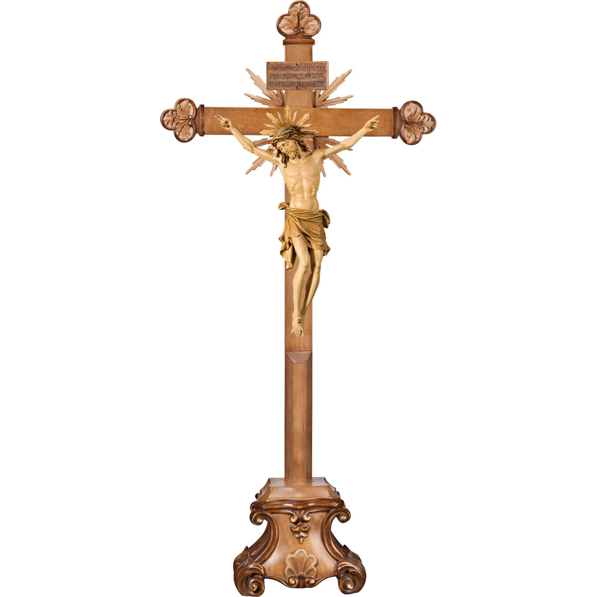 Corpus Pisa on cross baroque with rays on pedestal and Titulus Crucis in hebrew - latin - greek