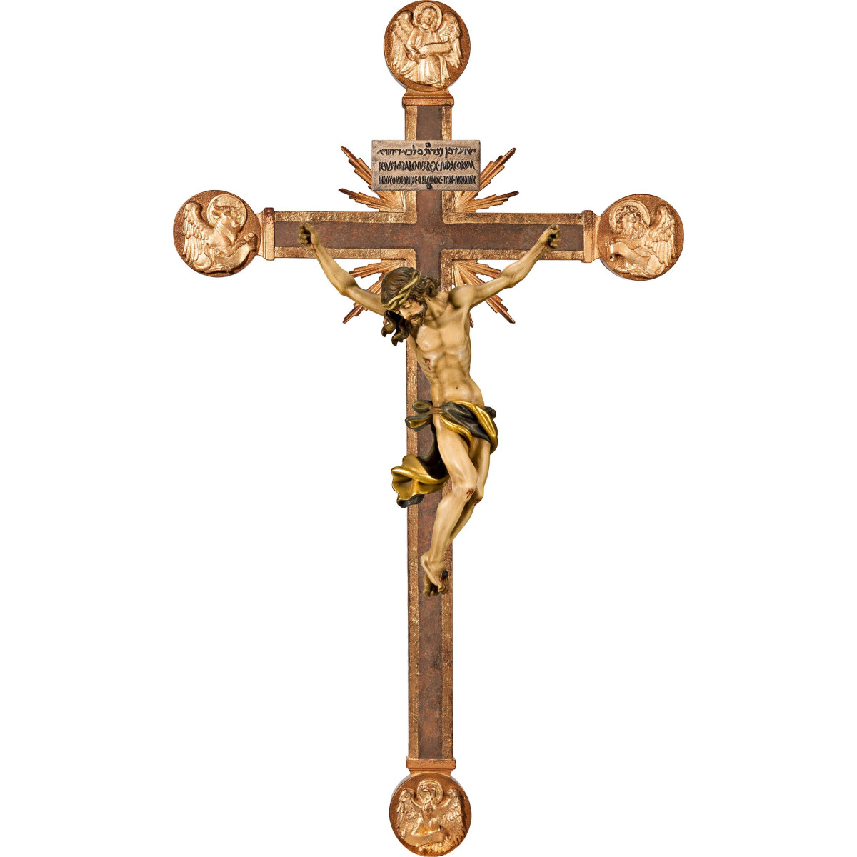 Cristo Barocco su croce con Evangelisti e raggi con Titulus Crucis in ebraico - latino - greco