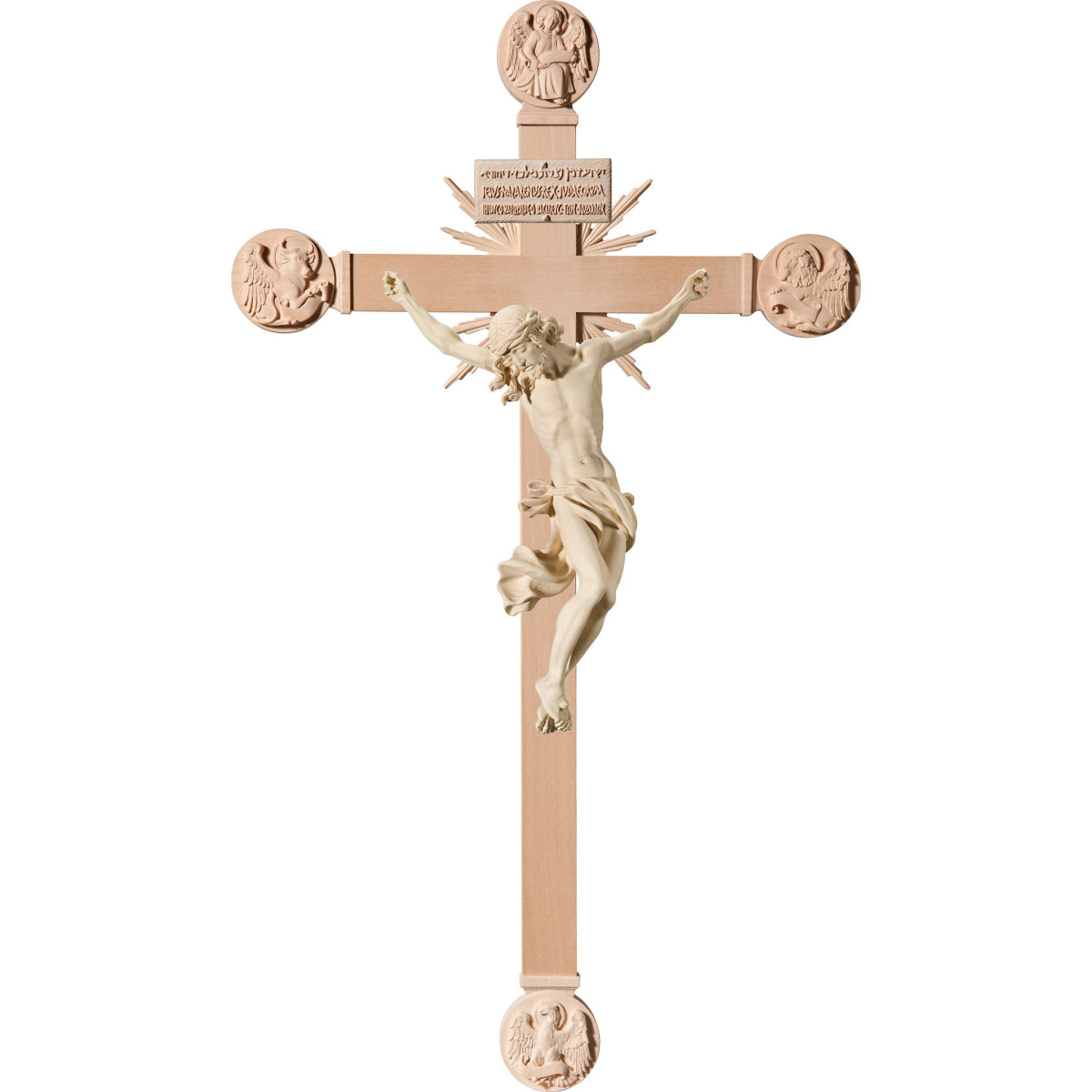 Corpus Baroque on cross with Evangelists and rays with Titulus Crucis in hebrew - latin - greek