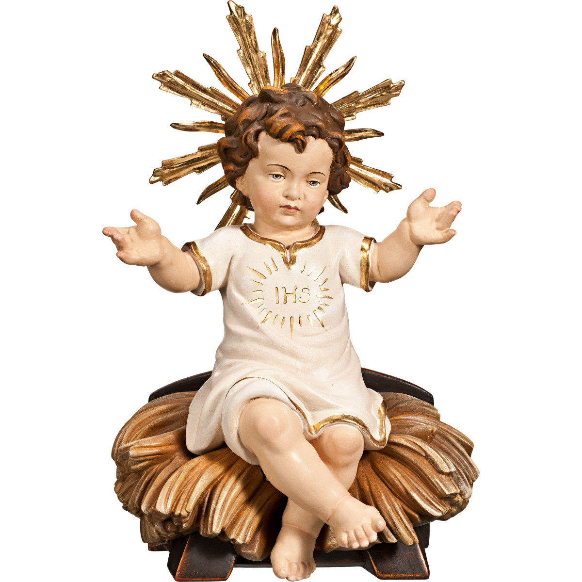 Menino Jesus vestido IHS sentado na cama