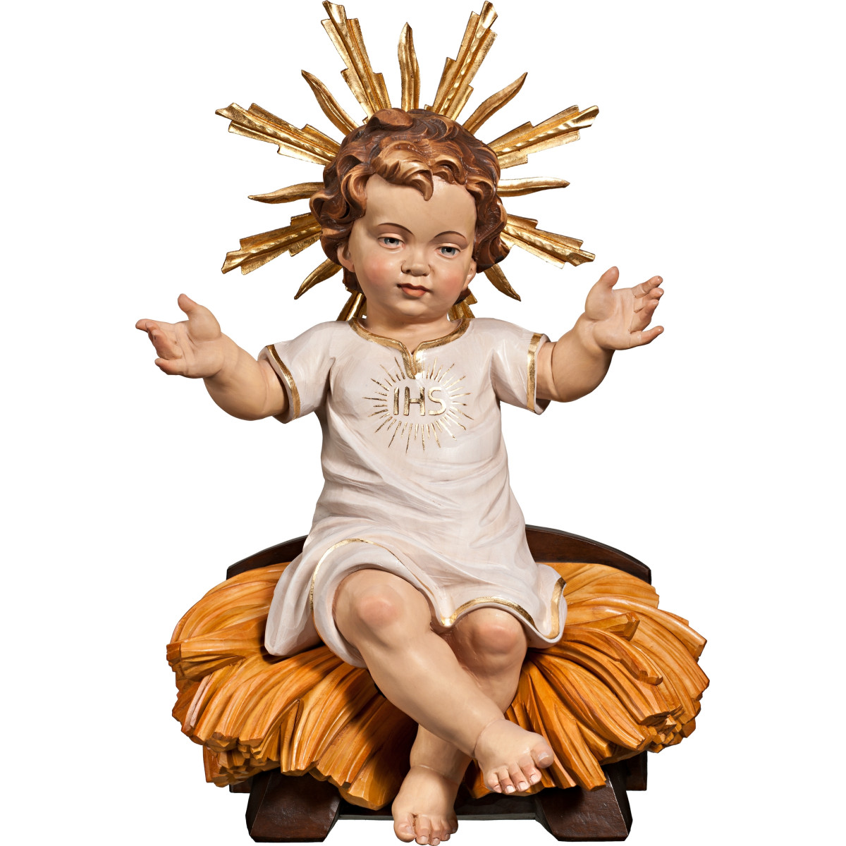 Menino Jesus vestido IHS sentado na cama