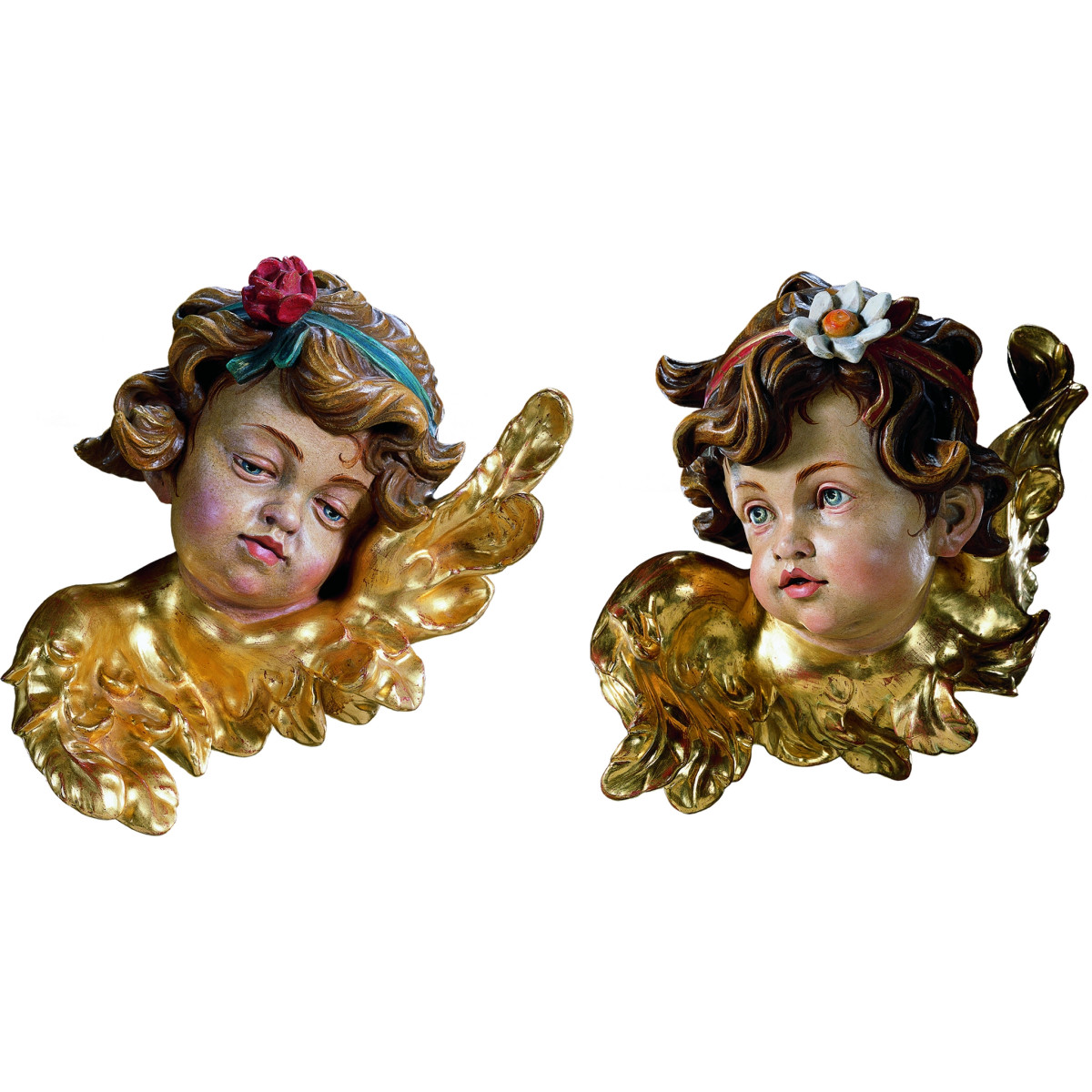 Casal cabeças de anjos com rosa e margarida