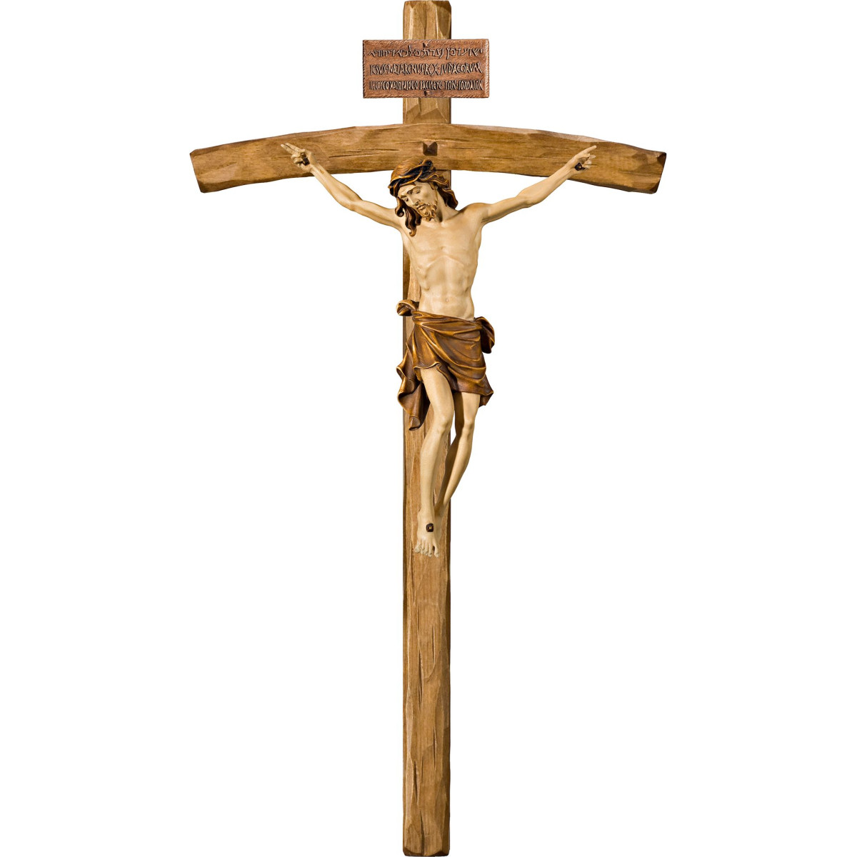Cristo Pisa en cruz arqueada con Titulus Crucis en hebreo - latín - griego