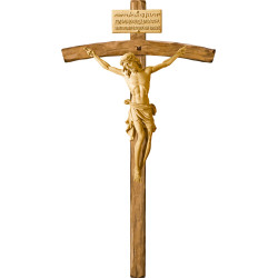 Cristo Pisa en cruz arqueada con Titulus Crucis en hebreo - latín - griego
